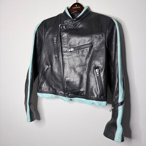 rag & bone Black Leather Moto Jacket with Mint Trim